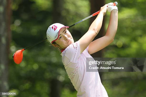 Ayaka Watanabe of Japan hits her tee shot on the 3rd hole during the first round of the Daito Kentaku Eheyanet Ladies 2016 at the Narusawa Golf Club...