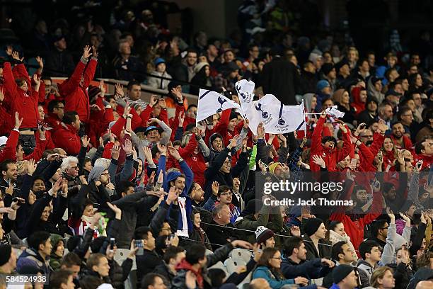 Fans are seen cheering during 2016 International Champions Cup Australia match between Tottenham Hotspur and Atletico de Madrid at Melbourne Cricket...