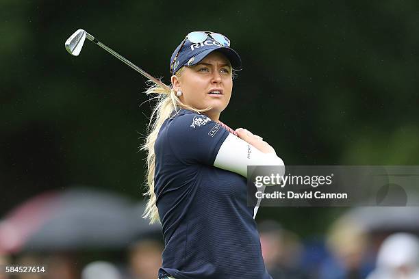 Charley Hull of England hits her second shot on the 18th hole during the second round of the Ricoh Women's British Open at Woburn Golf Club on July...