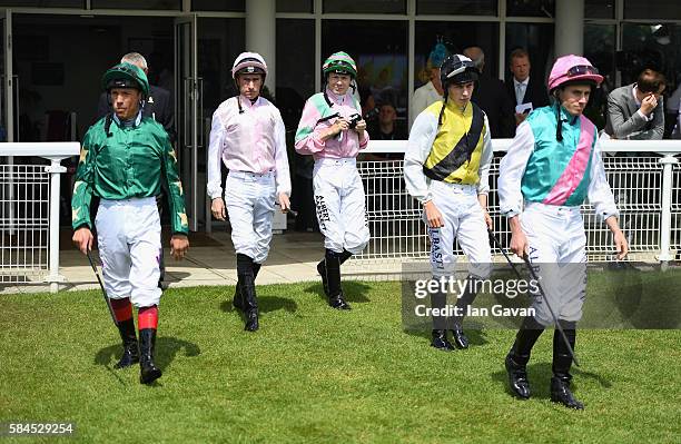 Frankie Dettori, Martin Lane, Jamie Spencer, Luke Morris and Ryan Moore arrive at the Qatar Goodwood Festival 2016 at Goodwood on July 29, 2016 in...