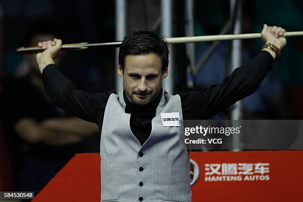 David Brown Gilbert of England reacts in quarter finals against Neil Robertson of Australia on day five of World Open 2016 at the Number One Middle...