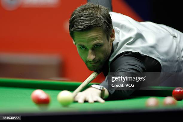 David Brown Gilbert of England plays a shot in quarter finals against Neil Robertson of Australia on day five of World Open 2016 at the Number One...