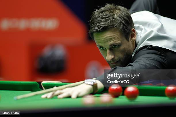 David Brown Gilbert of England plays a shot in quarter finals against Neil Robertson of Australia on day five of World Open 2016 at the Number One...