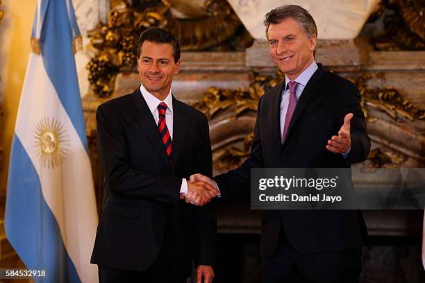 Enrique Pena Nieto president of Mexico and Mauricio Macri president of Argentina shake hands during an official visit to Argentina at Casa Rosada on...