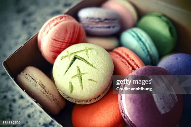 colourful macaroon - granville island market stock pictures, royalty-free photos & images