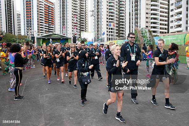 Members of the New Zealand team for the 2016 Rio Olymppics are welcomed during their official welcome and flag raising ceremony in the Athletes...