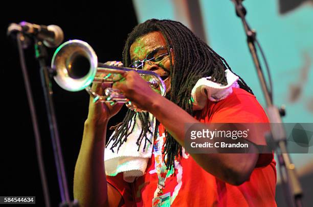 Members of the Hot 8 Brass Band perform on stage during Day 2 of the Womad Festival at Charlton Park on July 29, 2016 in Wiltshire, England.