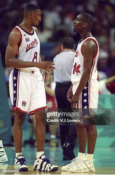 Summer Olympics: USA Scottie Pippen with USA Gary Payton during game vs Australia during Men's Semifinals game at Georgia Dome. Atlanta, GA 8/1/1996...