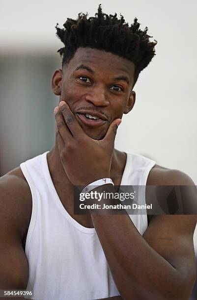 Chicago Bulls player Jimmy Butler attends an introductory press conference for new teammate Dwyane Wade at the Advocate Center on July 29, 2016 in...