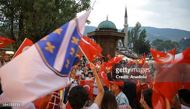 And HERZEGOVINA People stage a demonstration in support of Turkey and Turkish President Recep Tayyip Erdogan in Sarajevo, Bosnia and Herzegovina on...