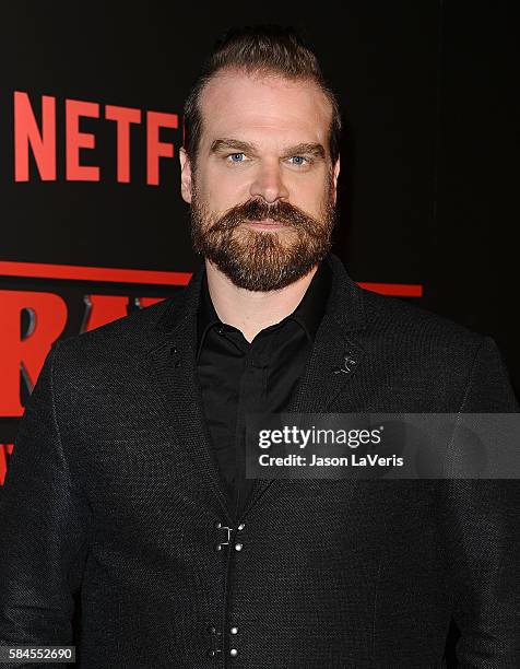 Actor David Harbour attends the premiere of "Stranger Things" at Mack Sennett Studios on July 11, 2016 in Los Angeles, California.