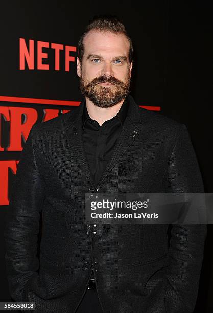 Actor David Harbour attends the premiere of "Stranger Things" at Mack Sennett Studios on July 11, 2016 in Los Angeles, California.