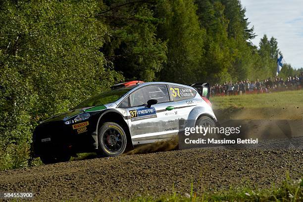 Lorenzo Bertelli of Italy and Simone Scattolin of Italy compete in their FWRT Ford Fiesta RS WRC during Day One of the WRC Finland on July 29, 2016...