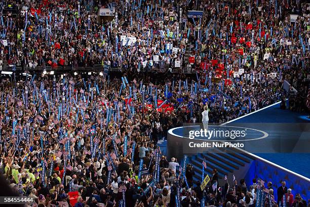 Philadelphia, PA On Wednesday, July 27, in the Wells Fargo Center, Tim Kaine joins Hillary Clinton on stage, after giving her nomination acceptance...