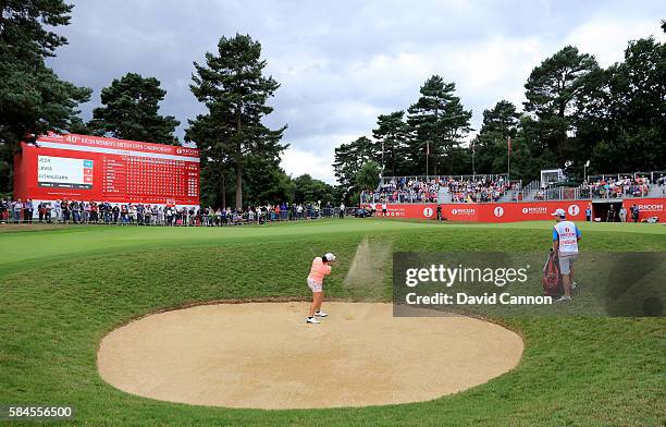 Ariya Jutanugarn of Thailand plays her third shot on the 18th hole during the second round of the 2016 Ricoh Women's British Open on July 29, 2016 in...