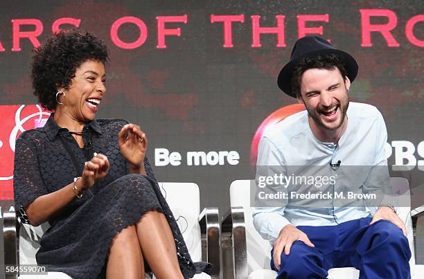 Actors Sophie Okonedo and Tom Sturridge speak onstage during the 'Great Performances "The Hollow Crown: The Wars of the Roses"' panel discussion at...