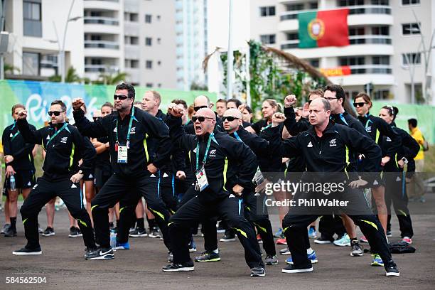 Members of the New Zealand 2016 Rio Olympics team perform the haka during their official welcome and flag raising ceremony on July 29, 2016 in Rio de...