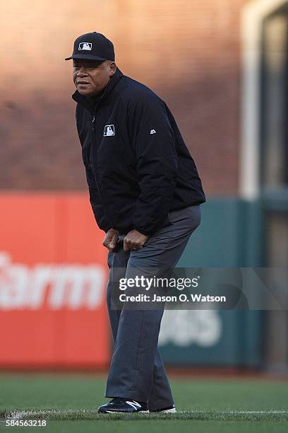 Umpire Kerwin Danley stands on the field during the first inning between the San Francisco Giants and the Cincinnati Reds at AT&T Park on July 26,...