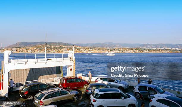 strait of messina italy, tourists on the ferry. - straße von messina stock-fotos und bilder
