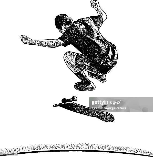 young adult skateboarder jumping isolated on white. - extreme skateboarding stock illustrations