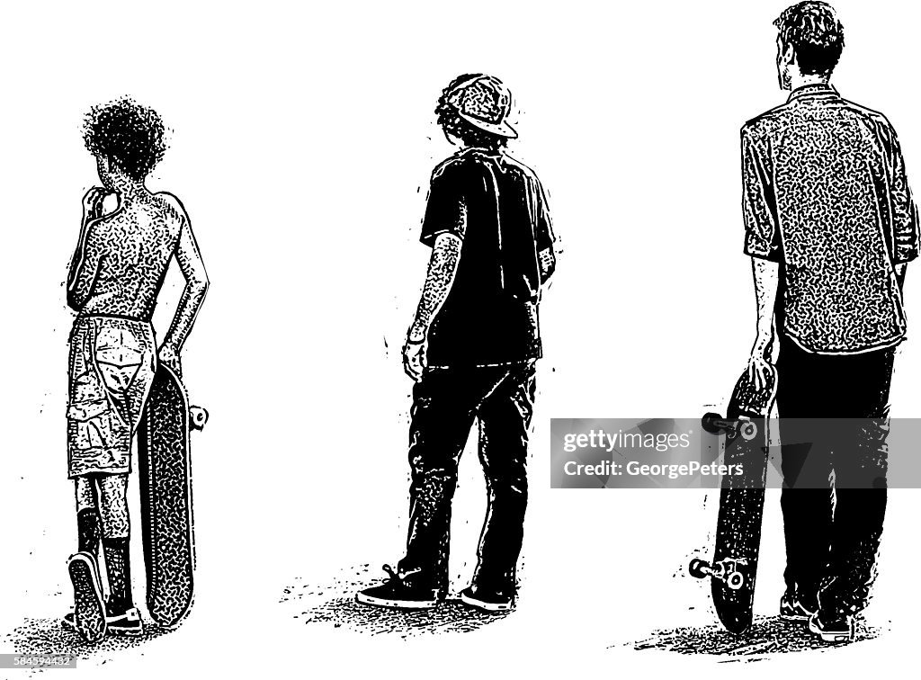 Skateboarders waiting inline. Isolated on white.