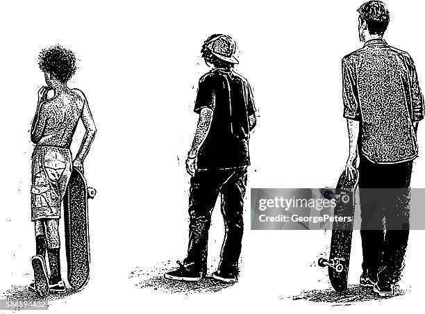 skateboarders waiting inline. isolated on white. - extreme skateboarding stock illustrations