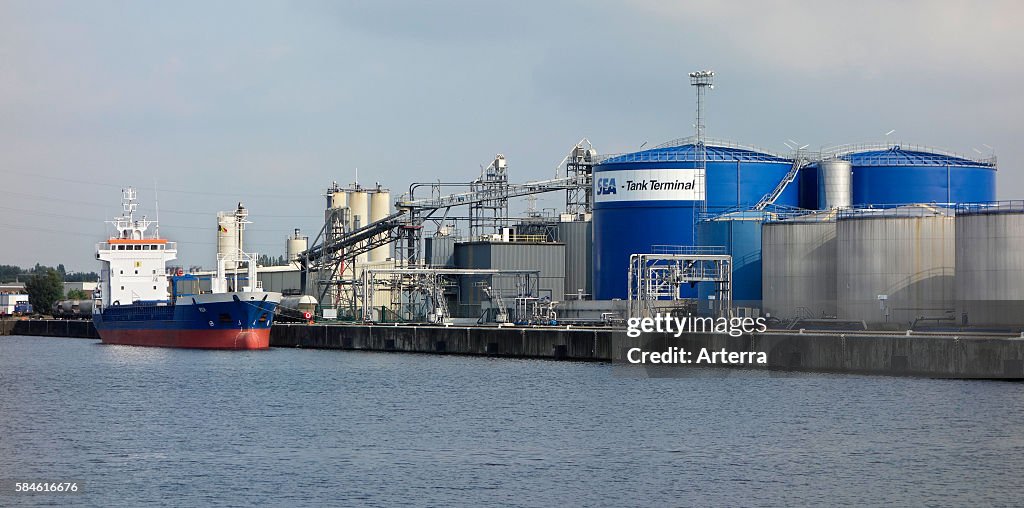 Storage tanks for storage of mineral and vegetable oils, animal fats, liquid fertilizers, molasses, biofuels and oleo-chemicals at Sea-Tank Terminal, port of Ghent, East Flanders, Belgium