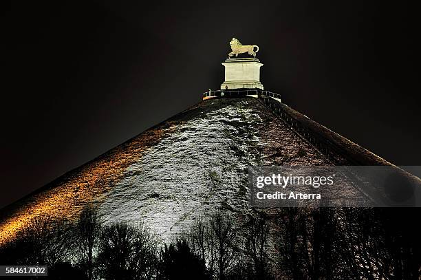The Lion Hill, which is the main memorial monument of the Battle of Waterloo at night in winter, Eigenbrakel, Belgium.