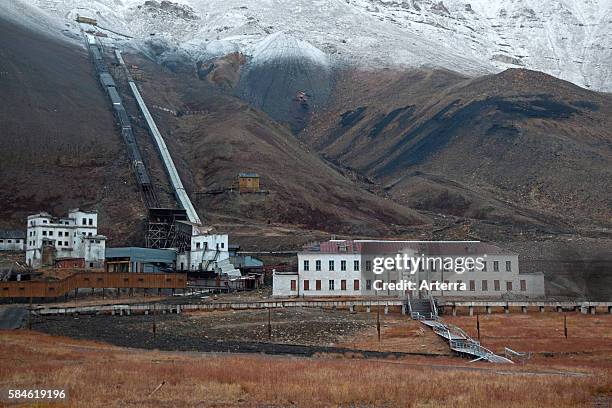 Pyramiden, abandoned Russian settlement and coal mining community on Spitsbergen, Svalbard, Norway .