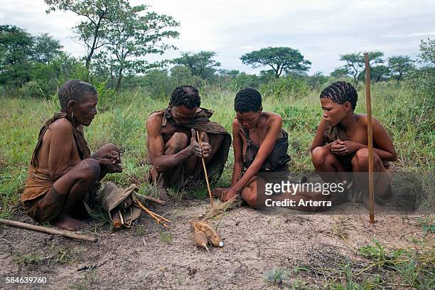 Bushman making fire by hand with wooden stick in the Kalahari desert near Ghanzi, Botswana, Africa.