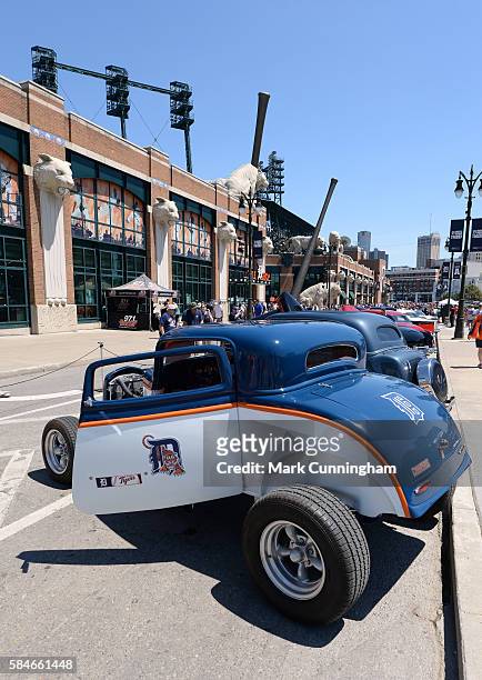 General view of the street outside Comerica Park during the Detroit Tigers Classic Car Show prior to the game between the Detroit Tigers and the...