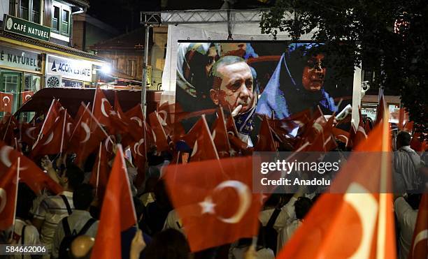 People stage a demonstration in support of Turkey and Turkish President Recep Tayyip Erdogan in Sarajevo, Bosnia and Herzegovina on July 29, 2016 as...