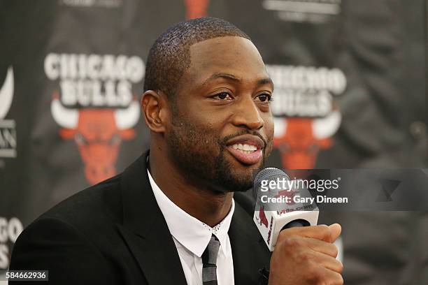 Dwyane Wade of the Chicago Bulls is introduced at a press conference on July 29, 2016 at the Advocate Center in Chicago, Illinois. NOTE TO USER: User...