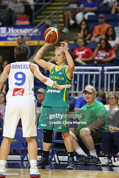 Erin Phillips of Australia handles the ball against Celine Dumerc of France on July 29, 2016 at the Webster Bank Arena in Bridgeport, Connecticut....