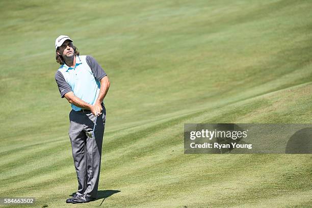 Matthew Goggin hits a pitch shot on the fifth hole during the first round of the Web.com Tour Ellie Mae Classic at TPC Stonebrae on July 28, 2016 in...