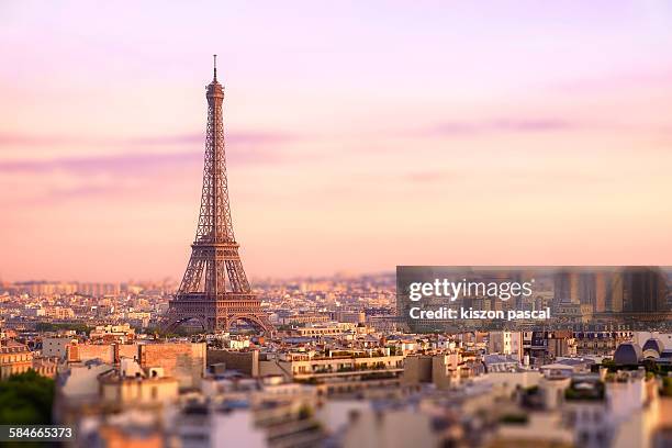 sunset over eiffel tower in paris - tour eiffel photos et images de collection