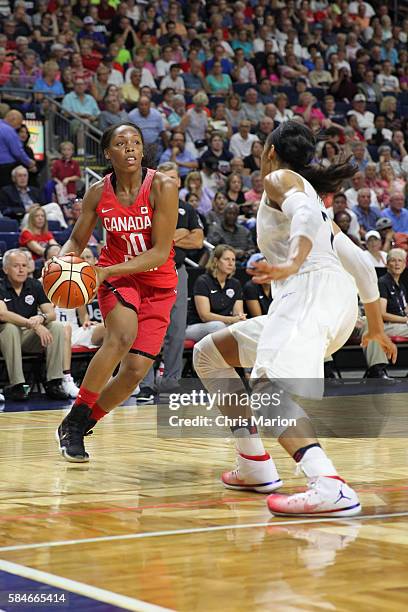 Nirra Fields of Canada drives to the basket against the USA Women's National Basketball Team on July 29, 2016 at the Webster Bank Arena in...