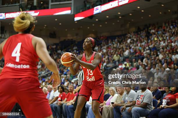 Tamara Tatham of Canada shoots against the USA Women's National Basketball Team on July 29, 2016 at the Webster Bank Arena in Bridgeport,...