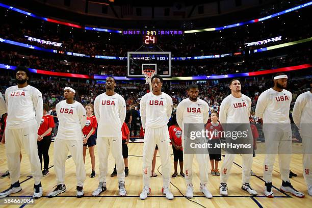 The USA Basketball Men's National Team stands for the national anthem before the game against Venezuela on July 29, 2016 at the United Center in...