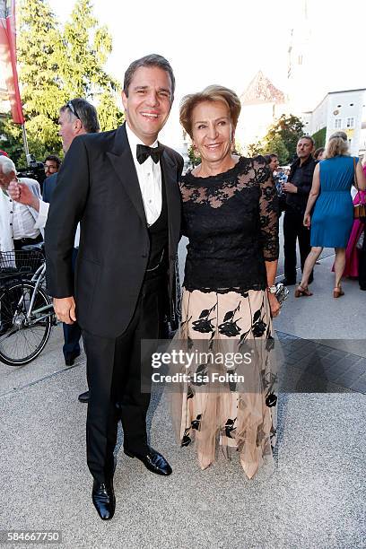 Alexander Sixt, manager of Sixt International car rental and Susanne Lanz attend the premiere of the opera 'Cosi Fan Tutte' on July 29, 2016 in...