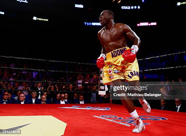 Adonis Stevenson of Canada celebrates after defeating Thomas Williams Jr. Of the US. During their WBC light heavyweight championship fight at the...