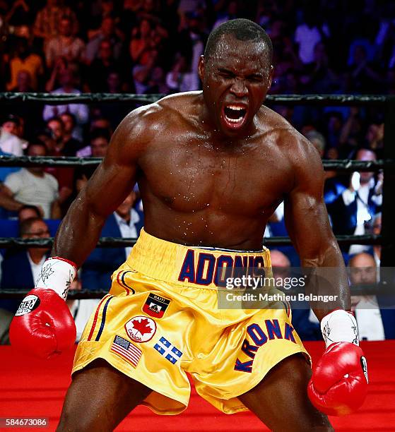 Adonis Stevenson of Canada celebrates after defeating Thomas Williams Jr. Of the US. During their WBC light heavyweight championship fight at the...