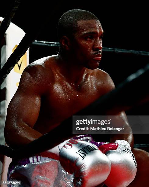 Thomas Williams Jr. Of the US. Sits in a corner after being knock down by Adonis Stevenson of Canada during their WBC light heavyweight championship...