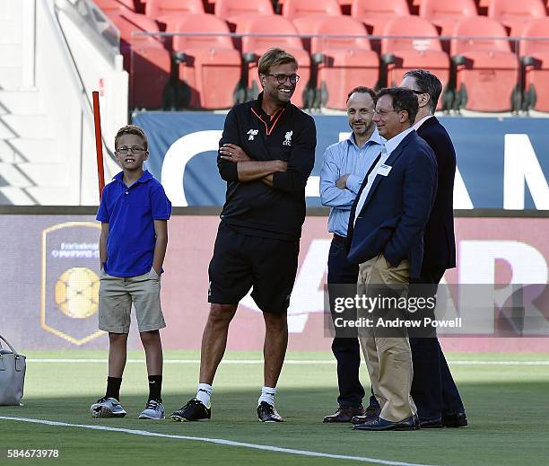 Jurgen Klopp manager of Liverpool with the owners of Liverpool Tom Werner, John Henry and Mike Gordon during a training session at Levi's Stadium on...