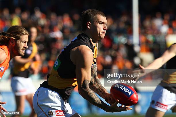 Dustin Martin of the Tigers in action during the round 19 AFL match between the Greater Western Sydney Giants and the Richmond Tigers at Star Track...