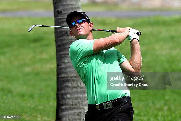 Joachim B. Hasen of Denmark plays his 2nd shot on the 1st hole during round three of the King's Cup at Phoenix Gold Golf and Country Club on July 30,...
