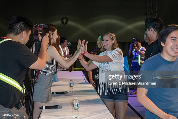 Musical artist Kang Min-kyung ; Lee Hae-ri of the band Davichi host a meet and greet with fans at the KCON LA 2016 at L.A. LIVE on July 29, 2016 in...