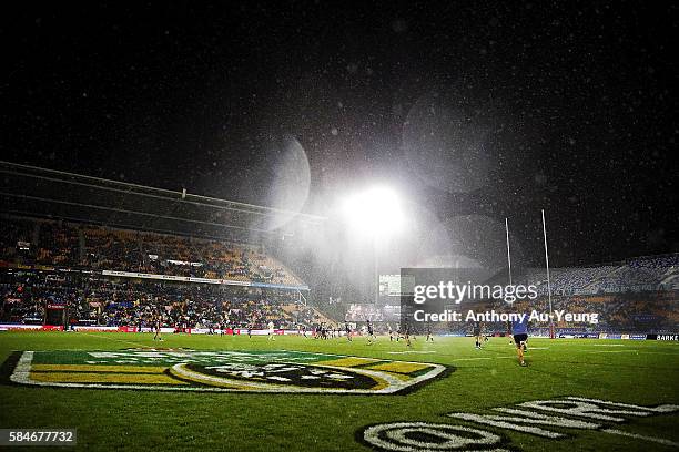 General view of the weather condition is seen during the round 21 NRL match between the New Zealand Warriors and the Penrith Panthers at Mt Smart...