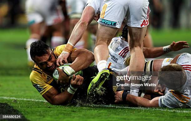 Victor Vito of the Hurricanes scores a try during the Super Rugby Semi Final match between the Hurricanes and the Chiefs at Westpac Stadium on July...