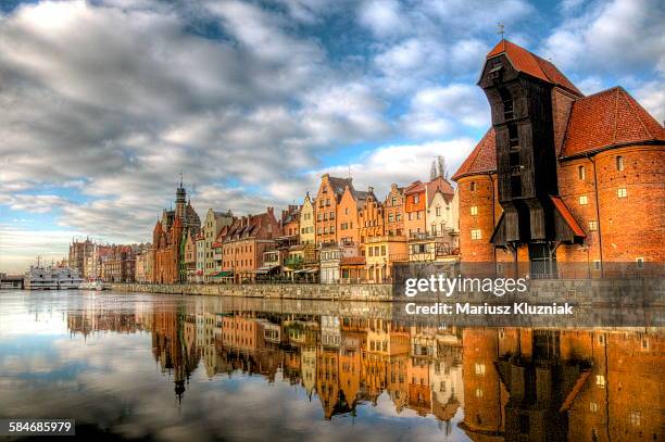 gdansk crane gate and old town reflections - poland bildbanksfoton och bilder
